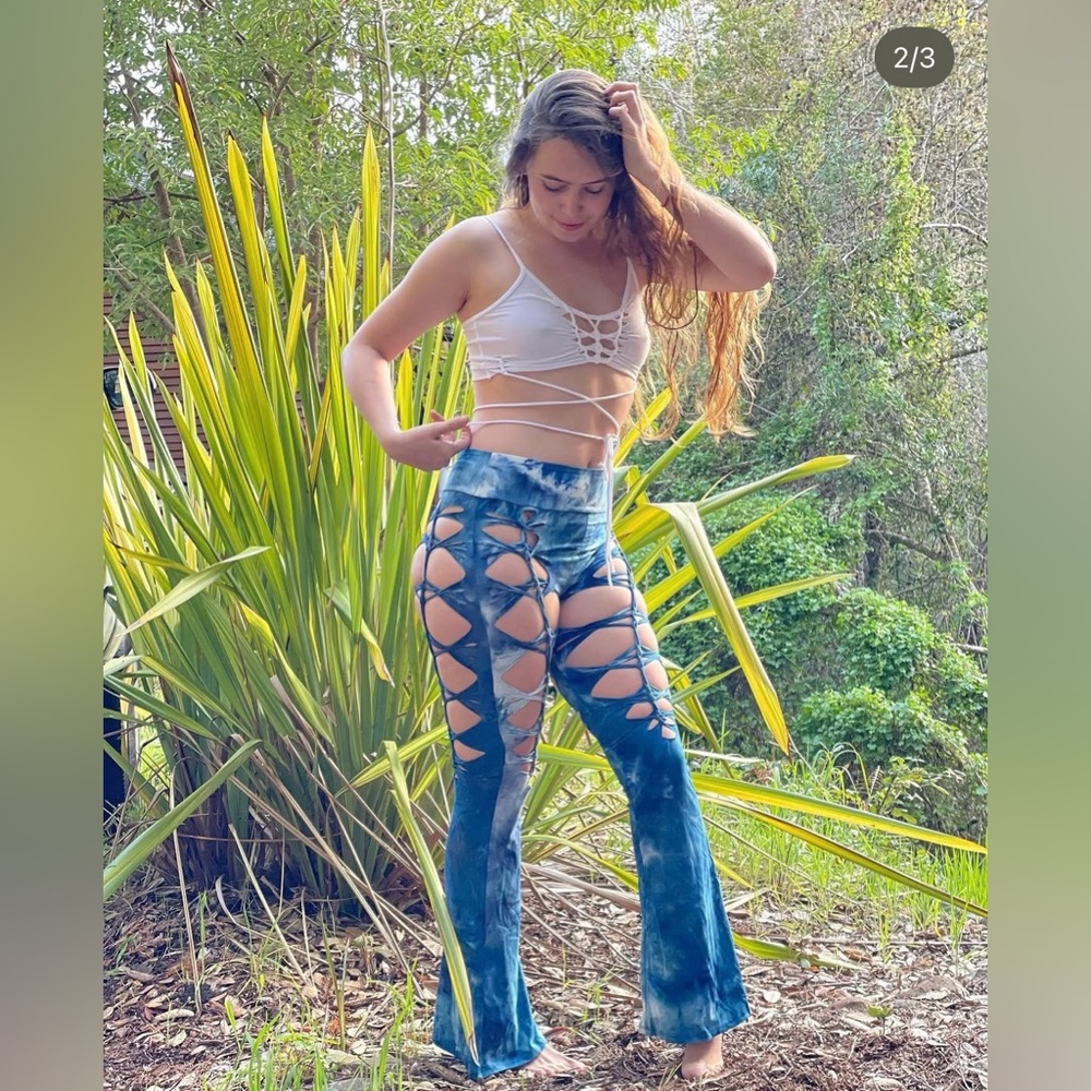 CUSTOM green velvet braided slit weave flares